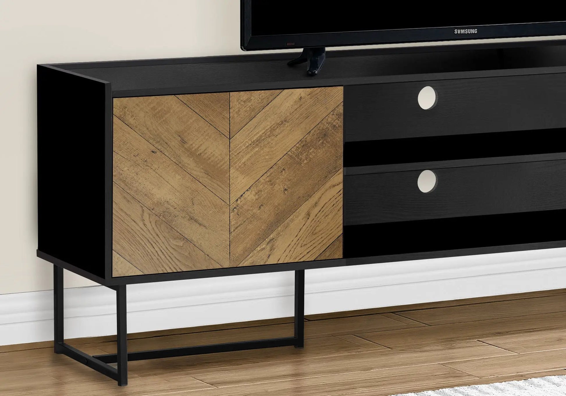 TV stand console in black with chevron wood doors and metal frame, modern storage cabinet on Tampa Home & Garden Store