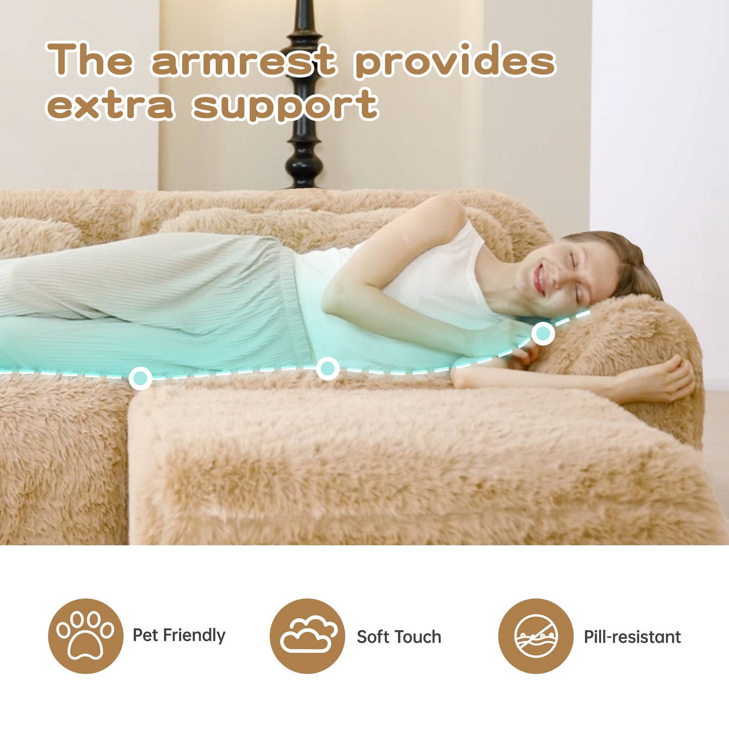 L-Shaped soft fluffy modular sectional sofa in beige plush fabric with a person resting on it on Tampa Home & Garden Store