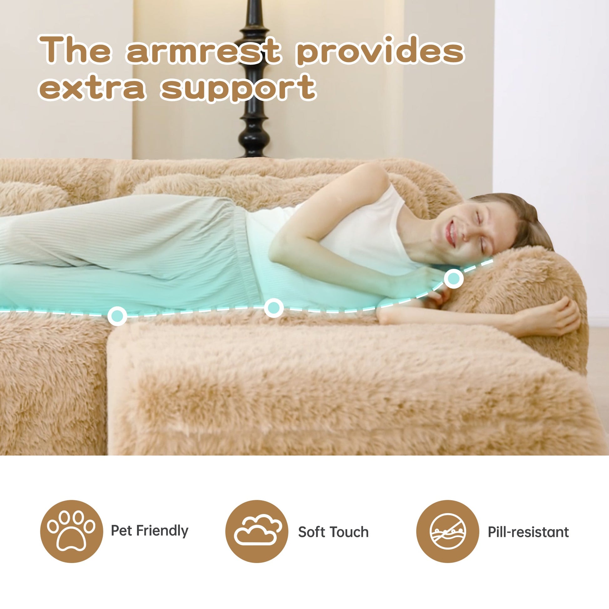 L-Shaped soft fluffy modular sectional sofa in beige plush fabric with a person resting on it on Tampa Home & Garden Store