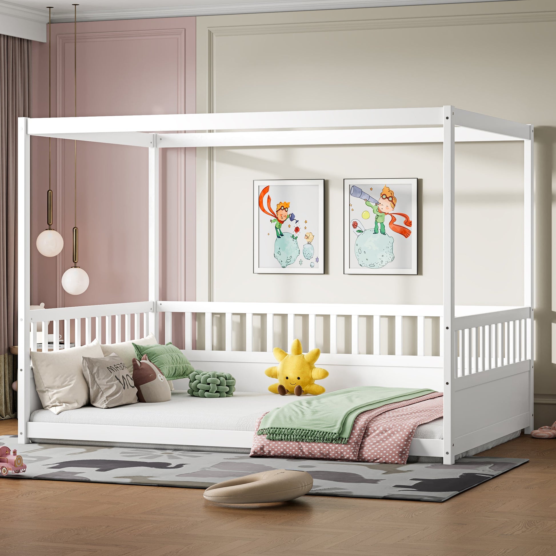 Full Size Canopy Bed Frame with Guardrails for Kids white finish HouseOfZazla on Tampa Home & Garden Store