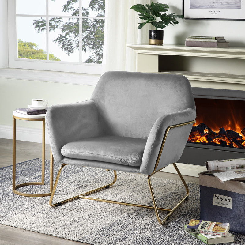 Keira Accent Chair With Metal Base gray velvet upholstery on a gold frame by HouseOfZazla on Tampa Home & Garden Store