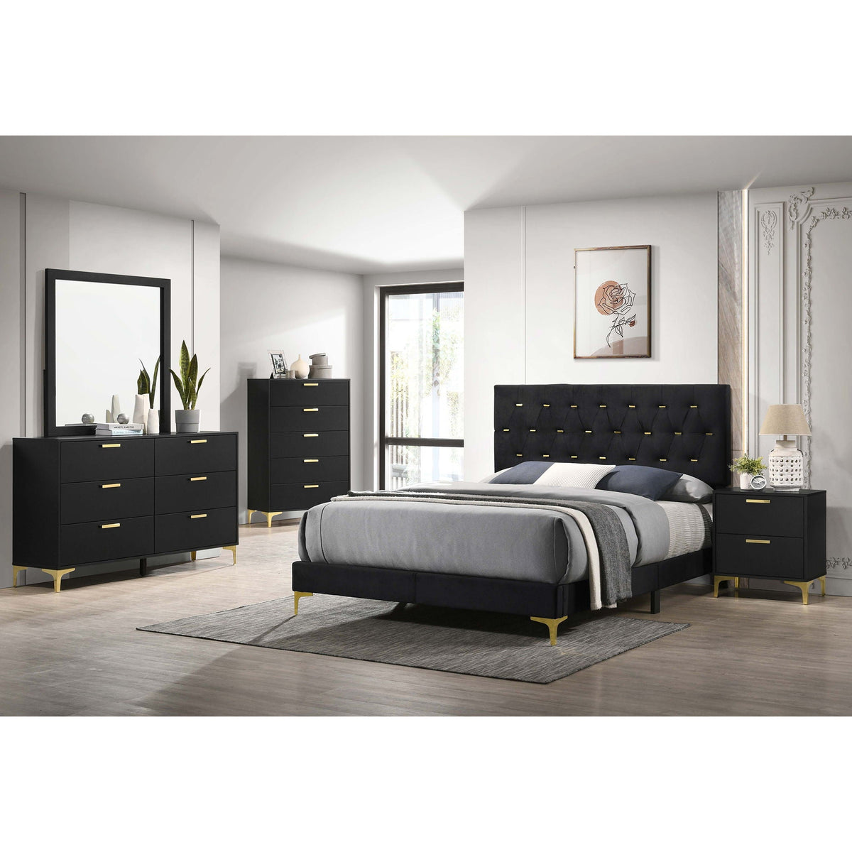 James Panel Bed upholstered in black with tufted headboard and gold legs by HouseOfZazla on Tampa Home & Garden Store