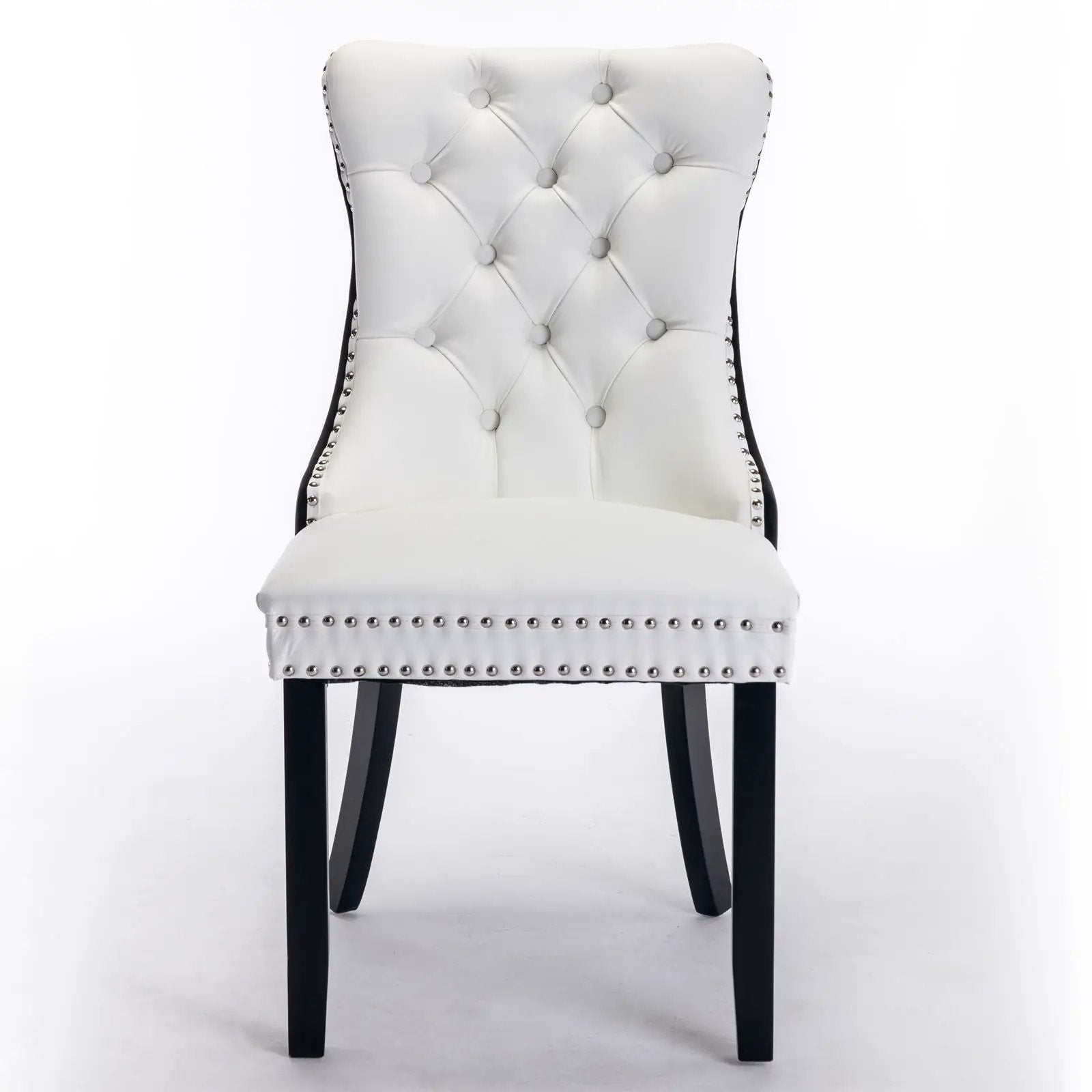 Nikki Upholstered Dining Chair set of 2 white tufted back with nailhead trim on black legs on Tampa Home & Garden Store