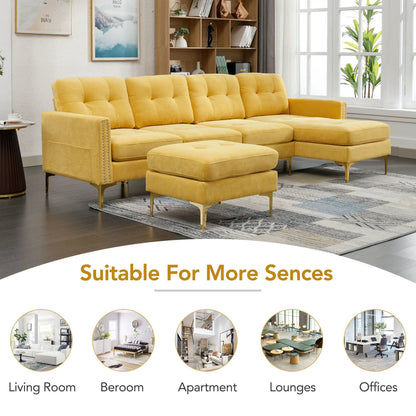Modern L-Shape Convertible Sectional Sofa With Movable Ottoman 2-Piece Set mustard yellow velvet on Tampa Home & Garden Store