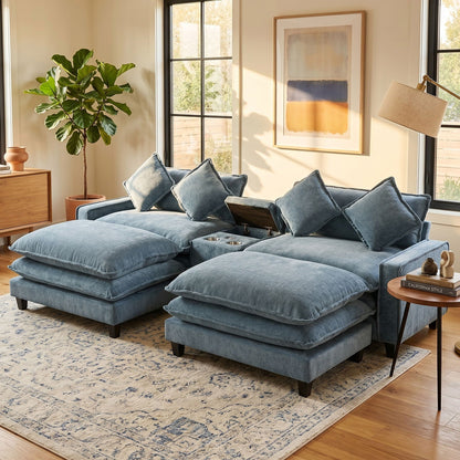 Modern Sectional Sofa with Removable Ottomans and USB ports in blue fabric, 3-piece set on Tampa Home & Garden Store