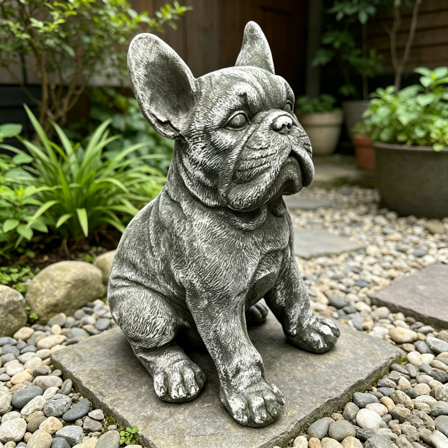 16in outdoor weatherproof French Bulldog statue with gray stone finish by HouseOfZazla on Tampa Home & Garden Store