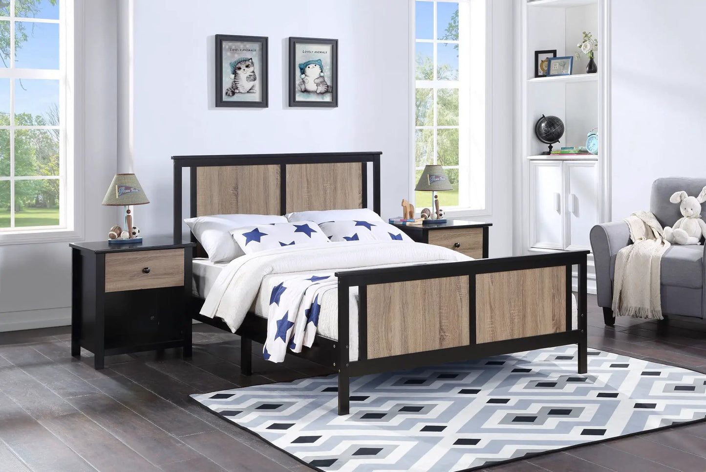 Connelly panel bed by Unique Piece Furniture with black frame and wood panels, two nightstands on Tampa Home & Garden Store