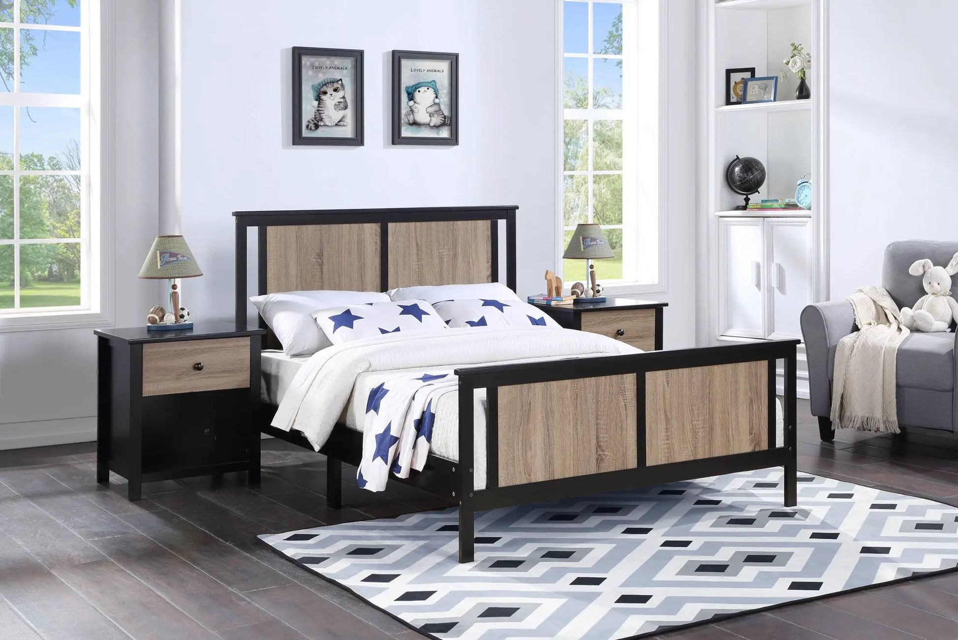Connelly panel bed by Unique Piece Furniture with black frame and wood panels, two nightstands on Tampa Home & Garden Store