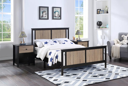 Connelly panel bed by Unique Piece Furniture with black frame and wood panels, two nightstands on Tampa Home & Garden Store