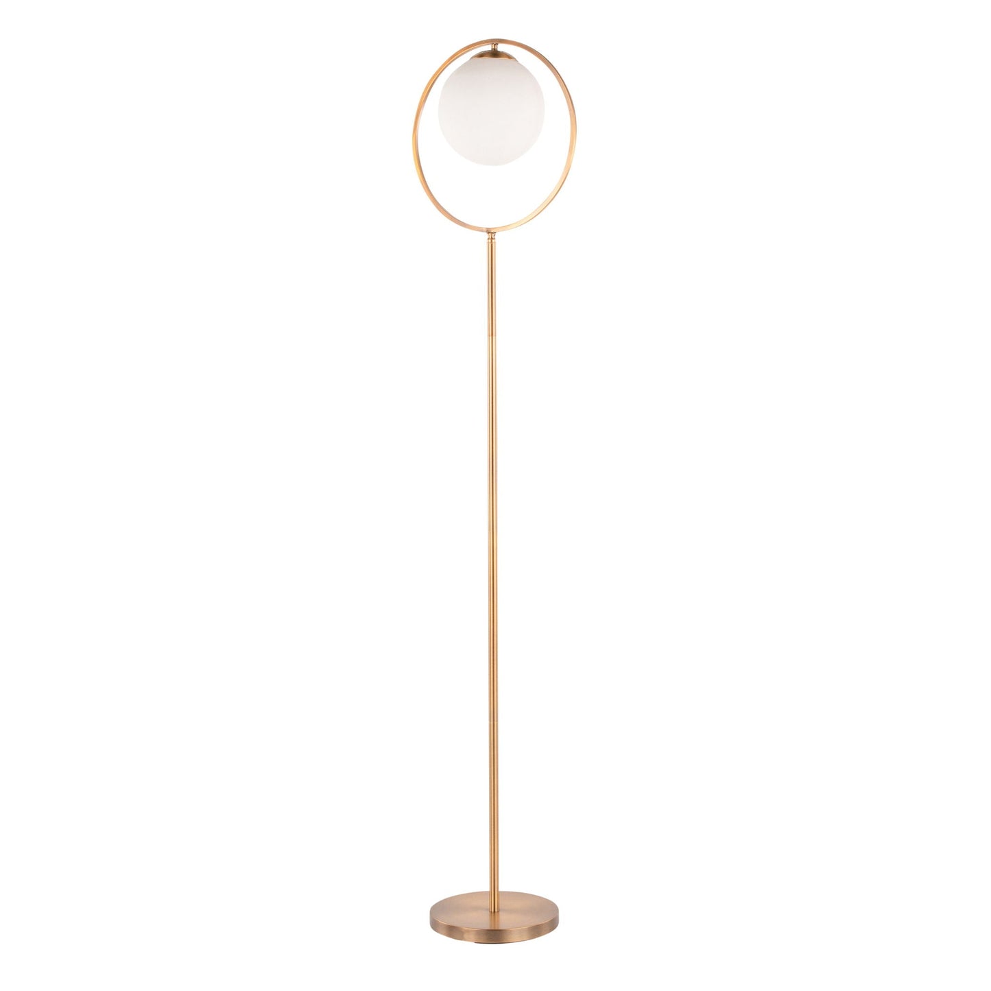 Moon contemporary floor lamp with gold ring frame and frosted globe on Tampa Home & Garden Store