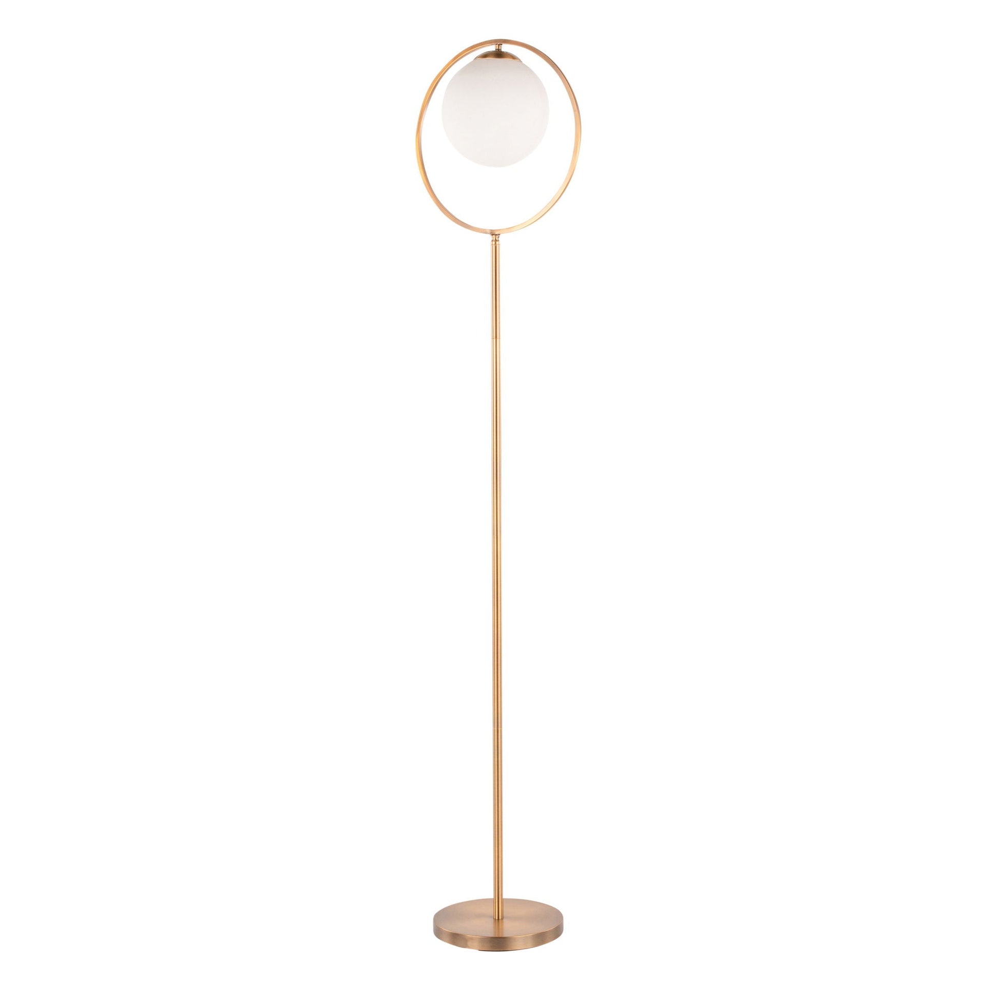 Moon contemporary floor lamp with gold ring frame and frosted globe on Tampa Home & Garden Store