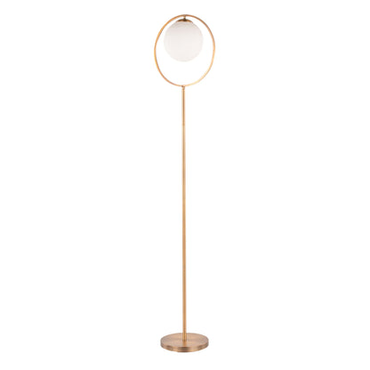 Moon contemporary floor lamp with gold ring frame and frosted globe on Tampa Home & Garden Store