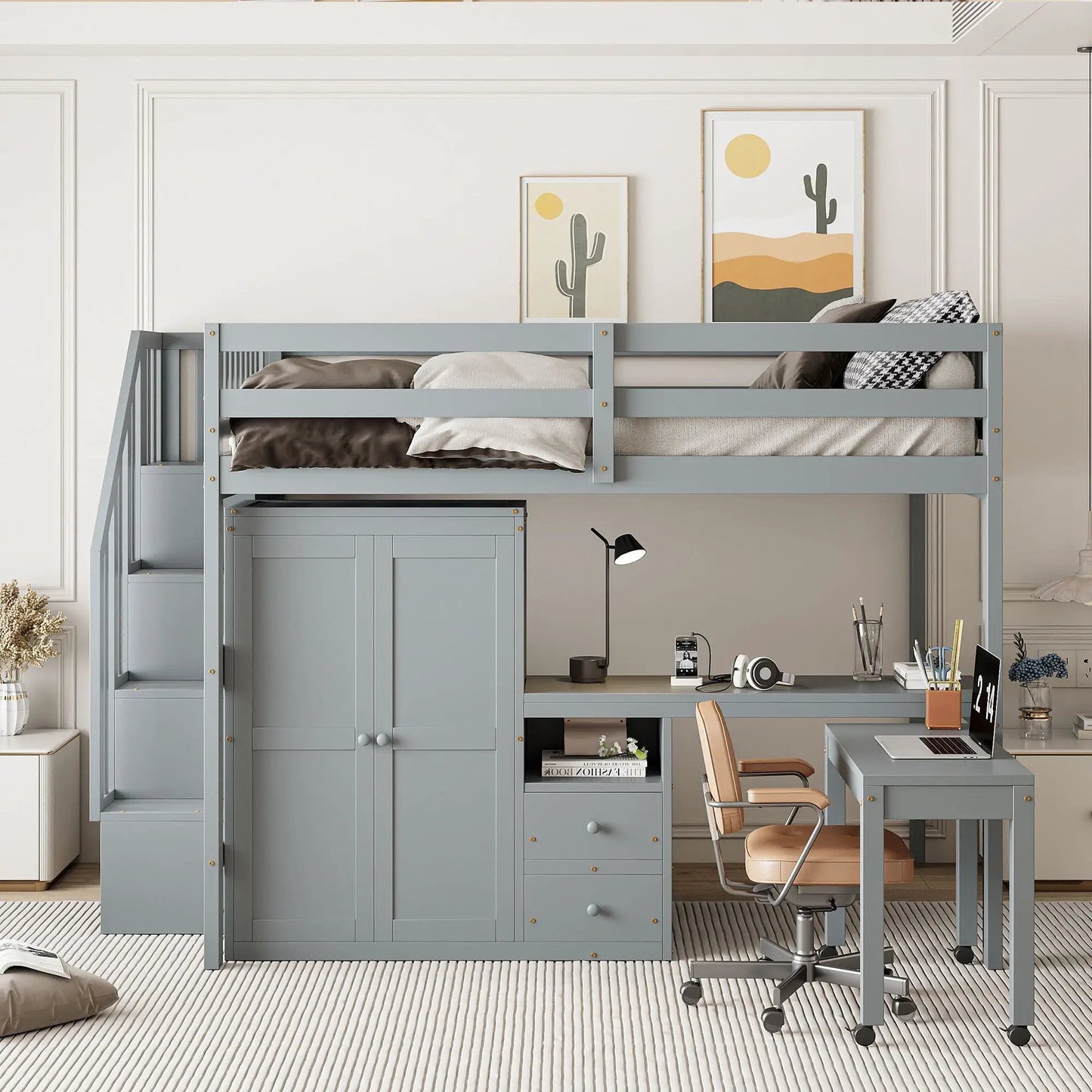 Loft bed with stairs, desk and bookshelf in bluegray finish with drawers Unique Piece on Tampa Home & Garden Store