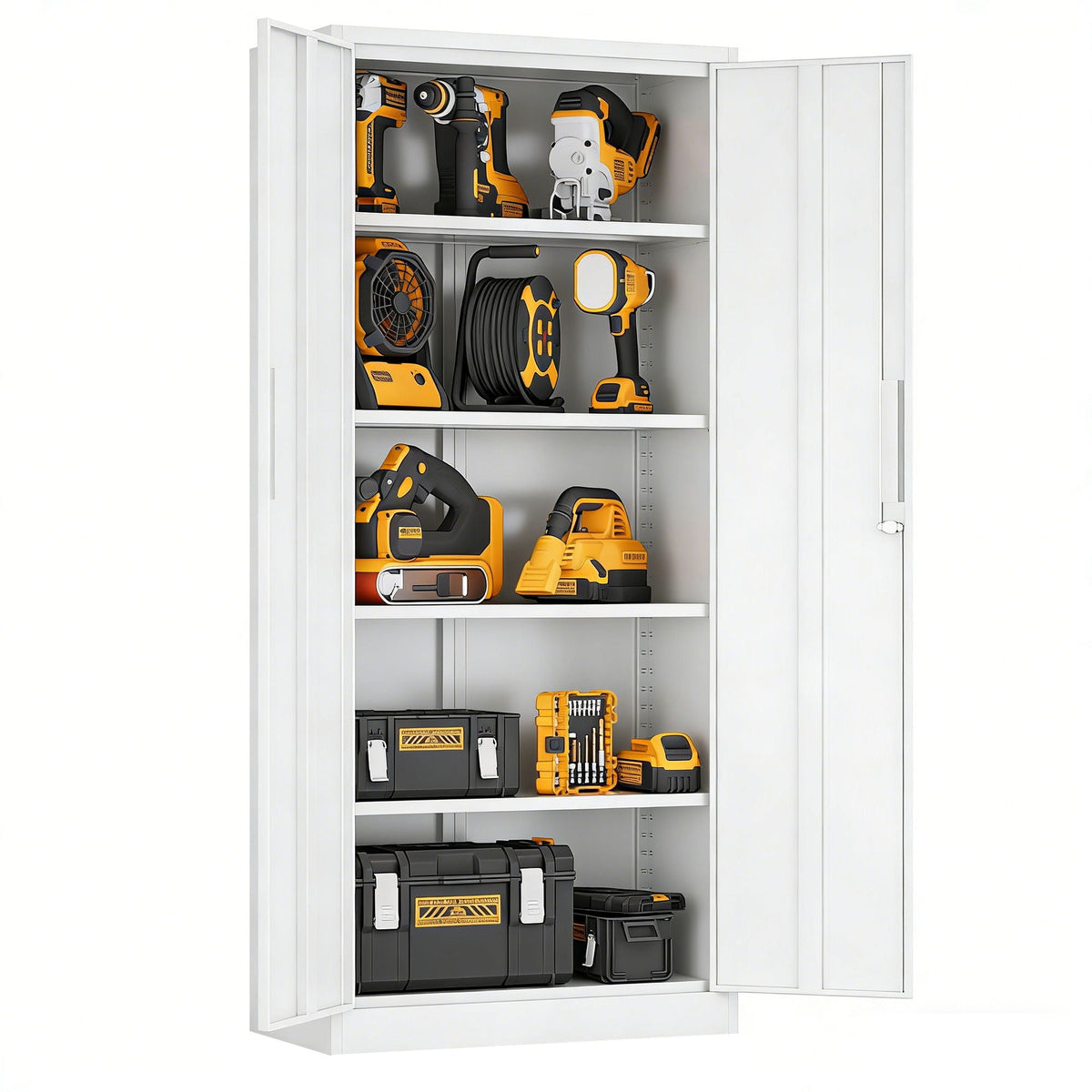 White steel garage storage cabinet with adjustable shelves and lock DeWALT tools on Tampa Home & Garden Store