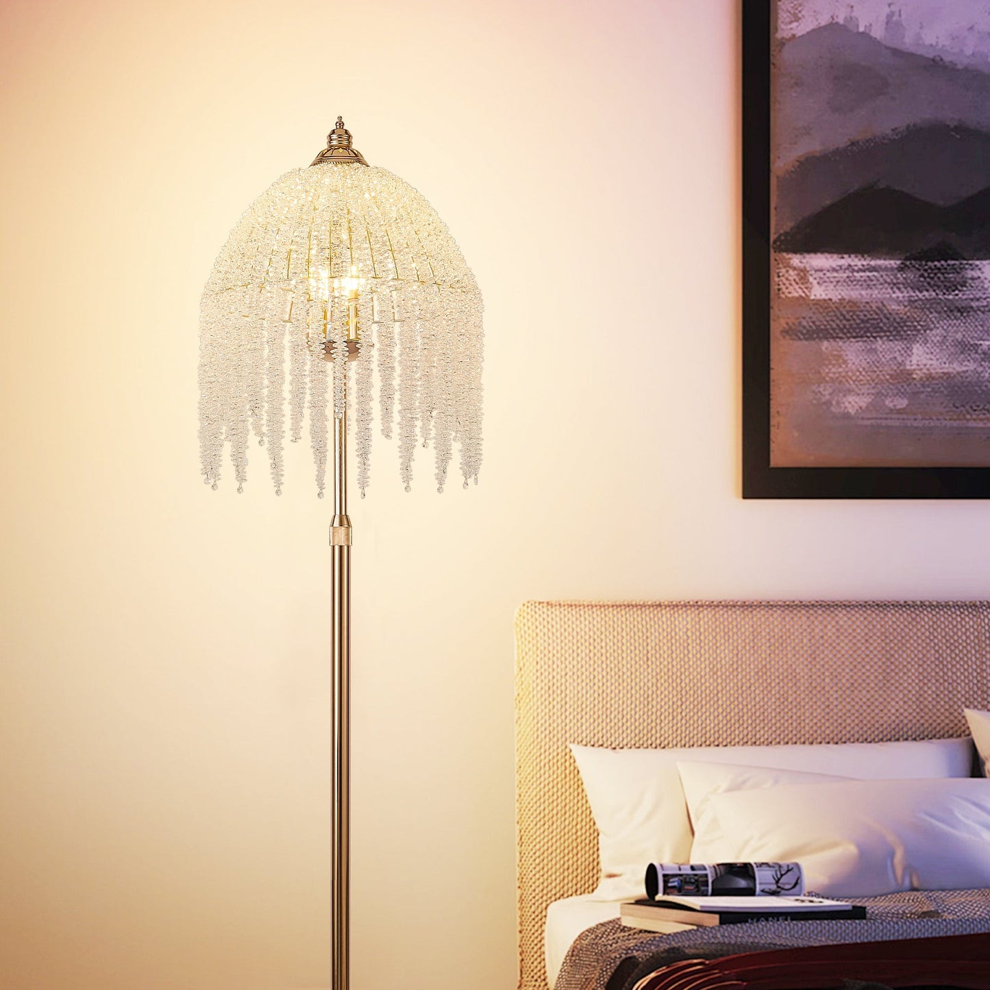 3-Light Elegant Crystal Floor Lamp – Vintage Waterfall Design with clear crystal strands on Tampa Home & Garden Store
