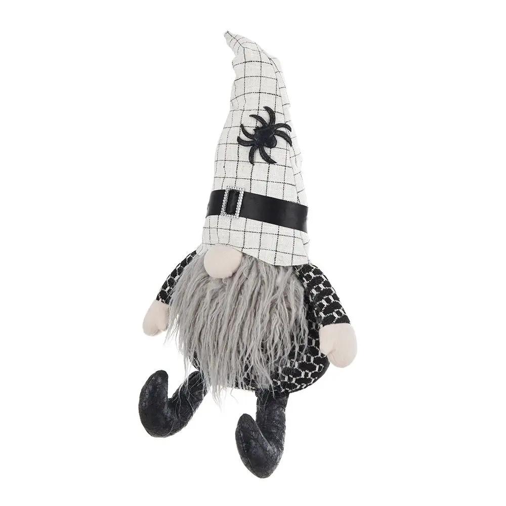 Sitting gnome figurine with grid-pattern hat, gray beard, and black spider Halloween decor on Tampa Home & Garden Store