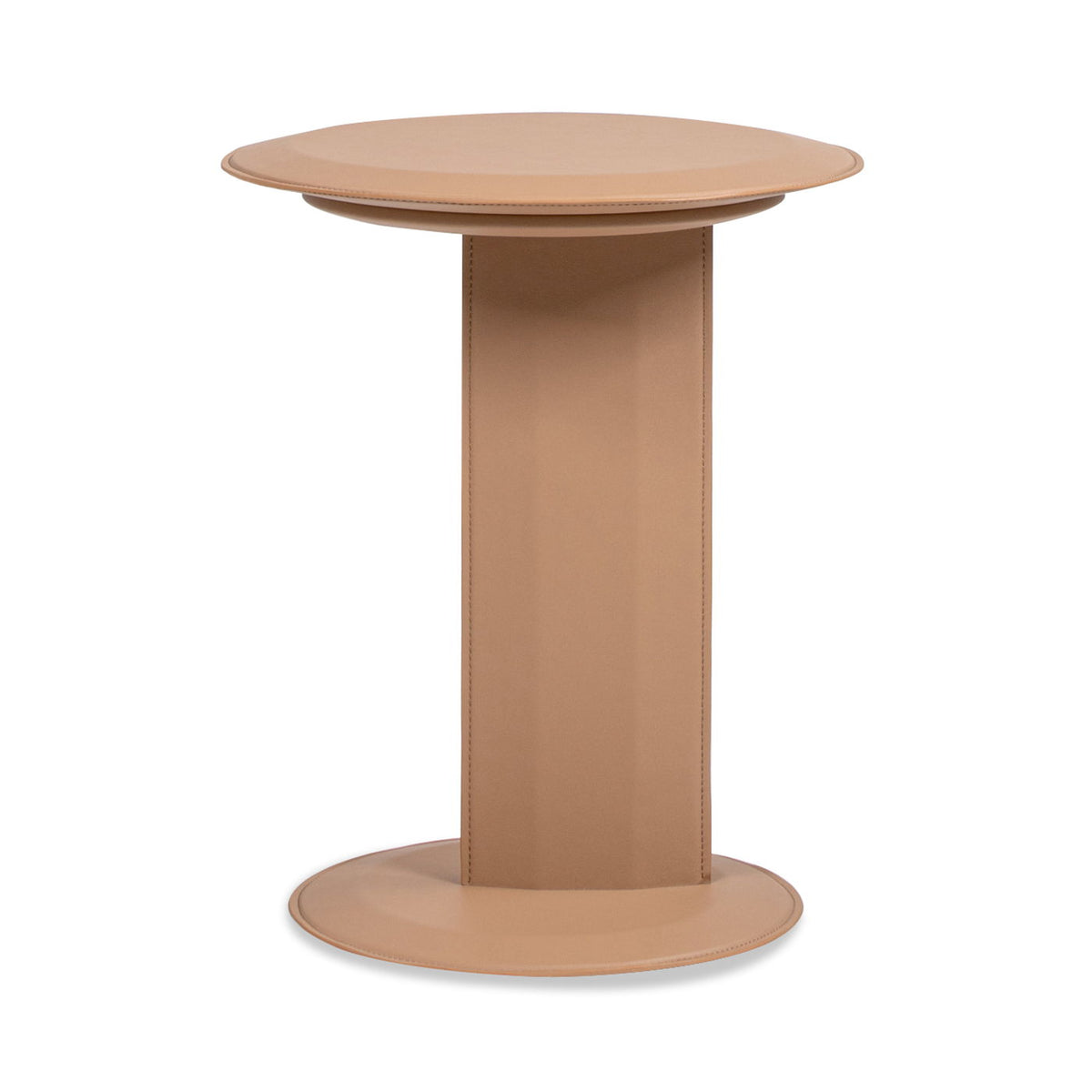 Leatherette C-shaped sofa side table with round saddle brown top and pedestal base on Tampa Home & Garden Store