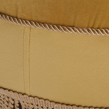 Luxurious round upholstered ottoman with rope fringe in mustard yellow by HouseOfZazla on Tampa Home & Garden Store