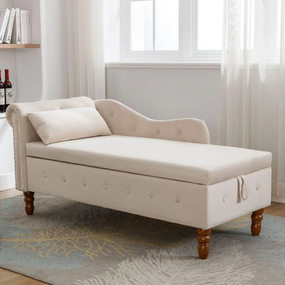 Beige upholstered chaise lounge with rolled arms, nailhead trim, storage base, and pillow on Tampa Home & Garden Store
