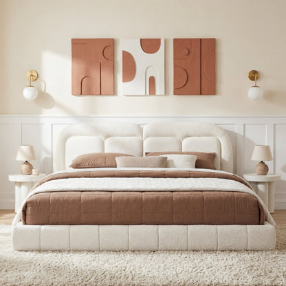 King size bouclé upholstered platform bed with tufted headboard in cream on Tampa Home & Garden Store