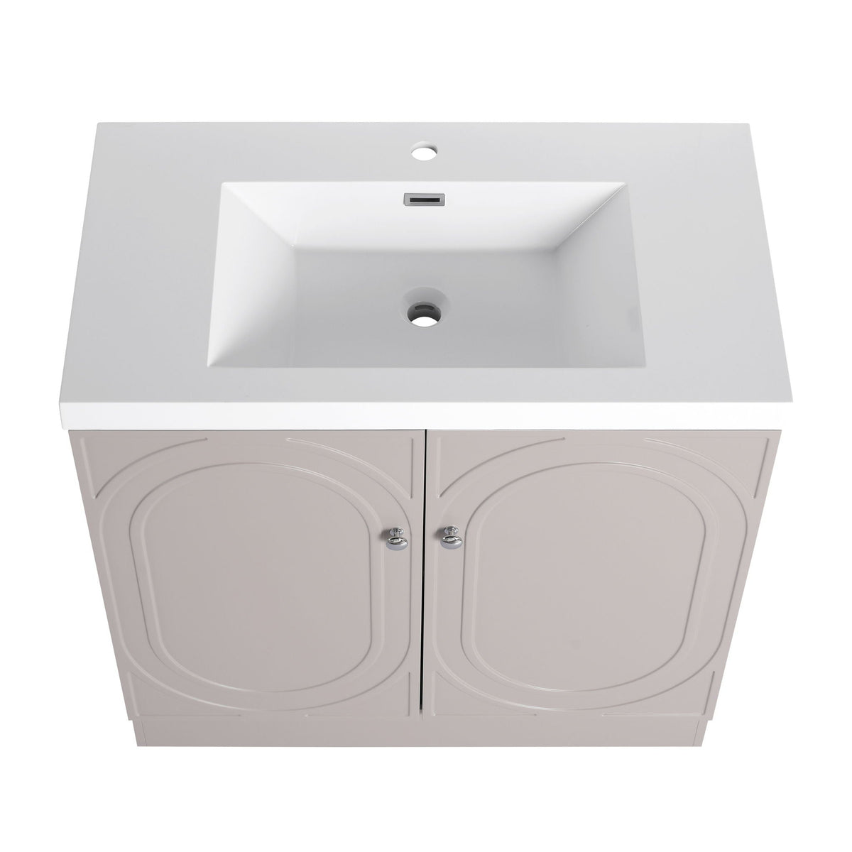 Freestanding vanity with white resin sink and two doors, clean modern bathroom unit on Tampa Home & Garden Store
