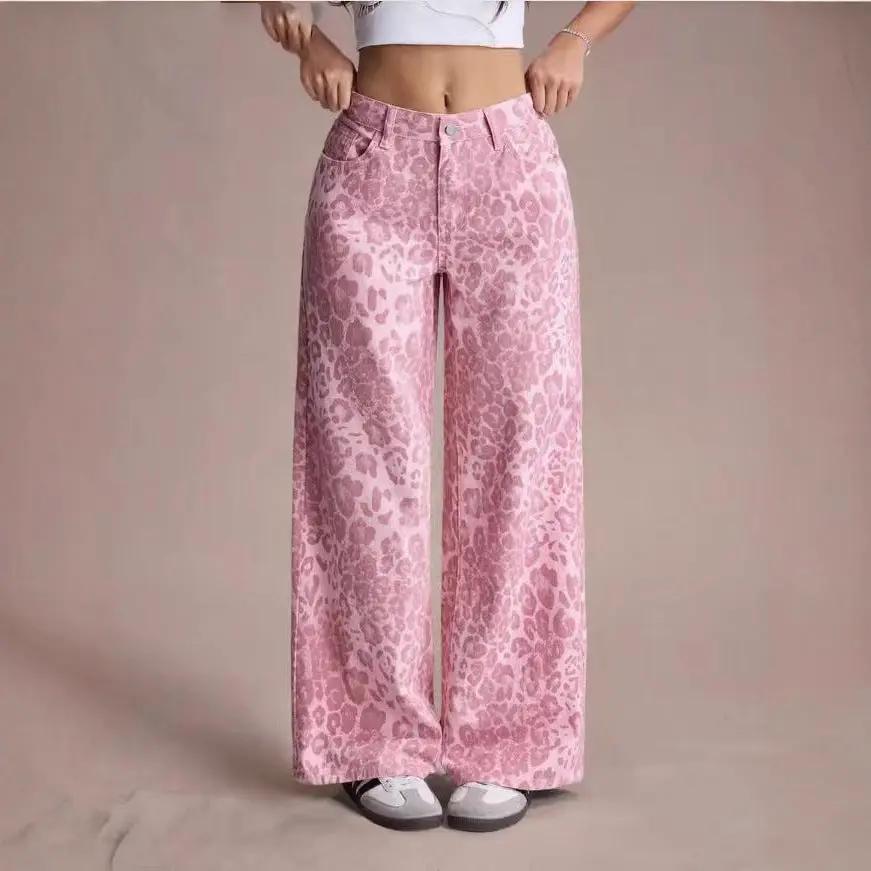 Women’s pink leopard print loose-fit wide-leg jeans by FLIPSTYLEZLLC on Tampa Home & Garden Store