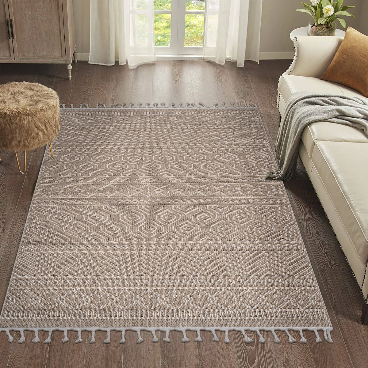 Area rug Modern Mocha 6.7x9 by HouseOfZazla; mocha tones, geometric chevron, tassel fringe on Tampa Home & Garden Store