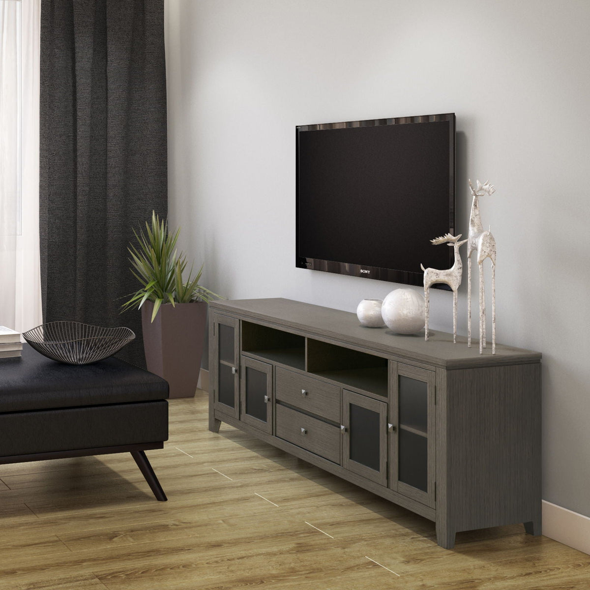 Wide Handcrafted Solid Wood Media Stand And Shelf in gray finish with open shelves and drawers HouseOfZazla on Tampa Home & Garden Store