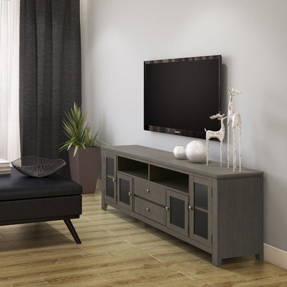 Wide Handcrafted Solid Wood Media Stand And Shelf in gray finish with open shelves and drawers HouseOfZazla on Tampa Home & Garden Store