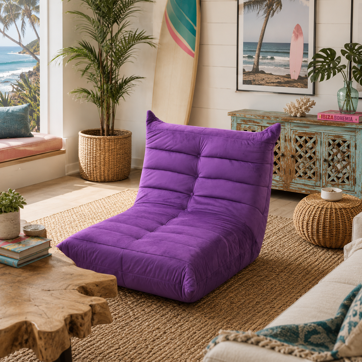 Velvet purple lounge chair with tufted upholstery in a bright coastal living room on Tampa Home & Garden Store
