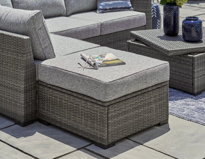 Petal Road gray outdoor wicker 4-piece set with loveseat, ottoman, and coffee table on a patio on Tampa Home & Garden Store