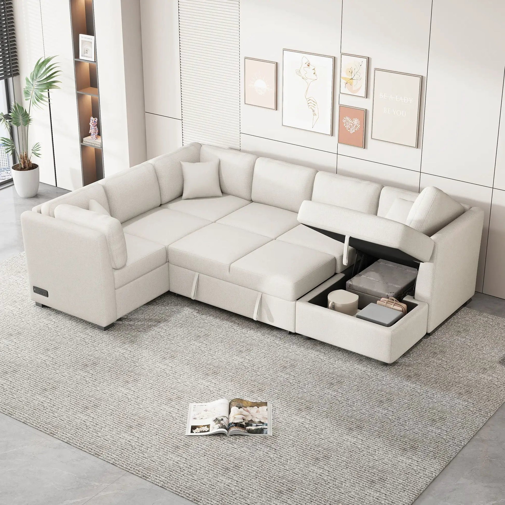 Beige sleeper U-shaped sectional with pullout bed and storage chaise, two USB ports on Tampa Home & Garden Store