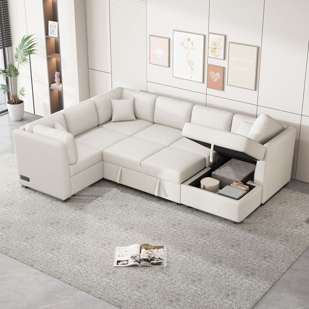 U-shaped sleeper sectional with storage chaise, USB ports, power sockets, 3 pillows HouseOfZazla on Tampa Home & Garden Store