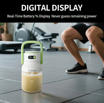 BlendGo Portable Blender white body with lime green handle, ZHENMI brand, battery display 97% on Tampa Home & Garden Store