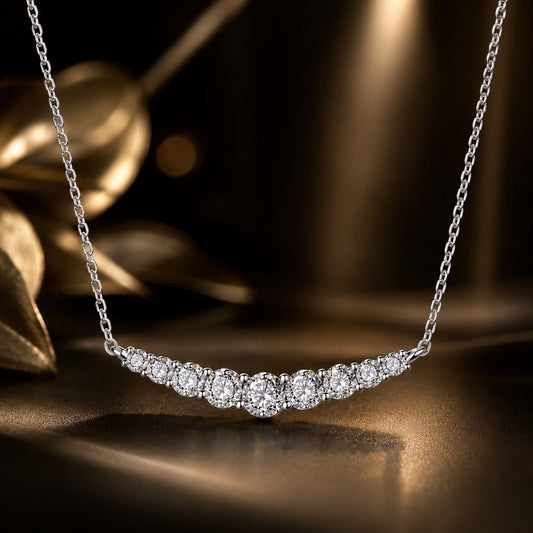 925 Sterling Silver White Gold Plated Moissanite Necklace with curved bar, 38+5 cm length on Tampa Home & Garden Store
