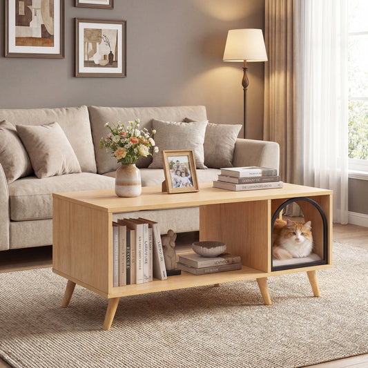 40 Inch Coffee Table Cat House 2-in-1 Wooden Kitten Furniture with Open Storage Shelf-Natural - Tampa Home & Garden Store