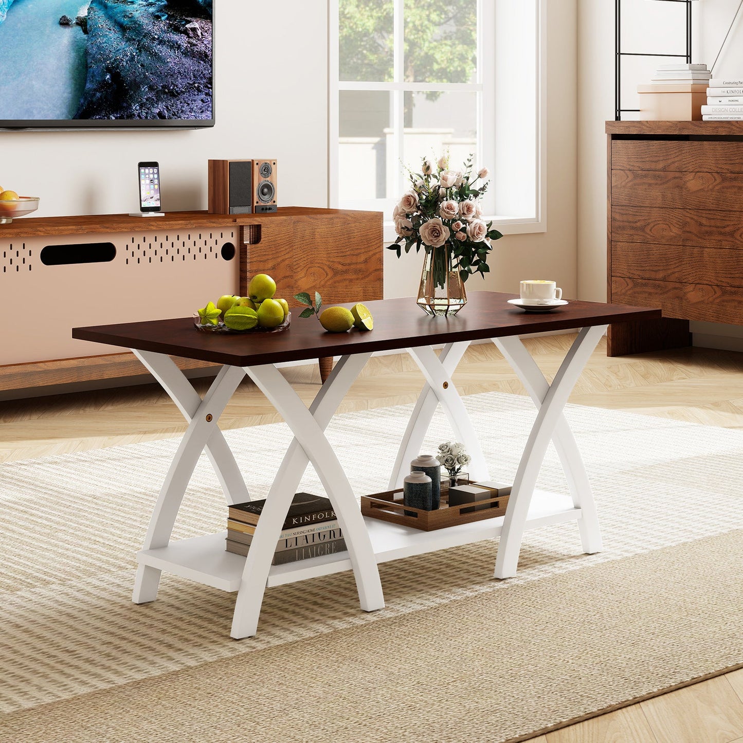 40 Inch Farmhouse Wooden 2-Tier Coffee Table with Storage Shelf for Living Room-Walnut