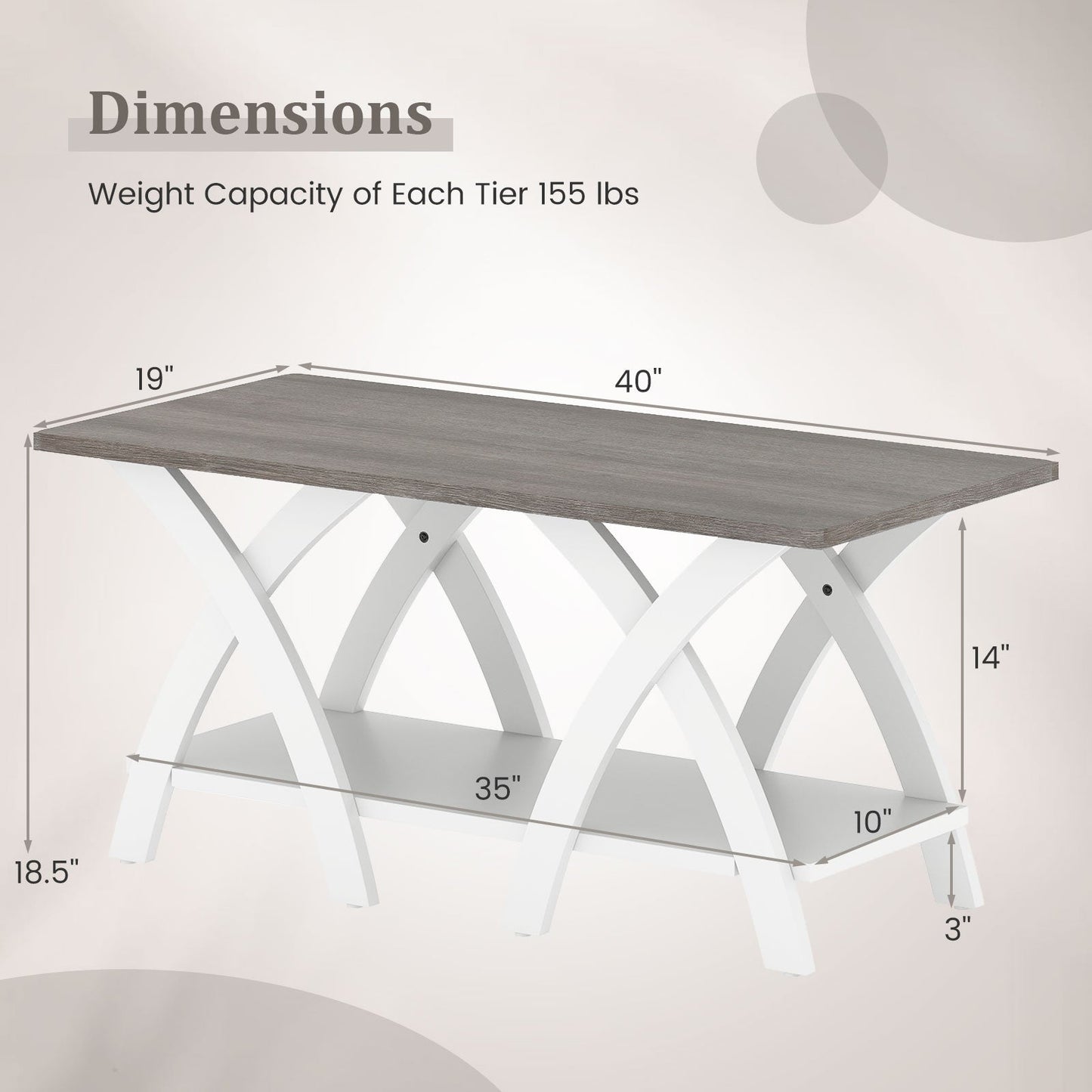 40 Inch Farmhouse Wooden Coffee Table with Storage Shelf with X-shaped Legs-Gray