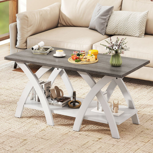 40 Inch Farmhouse Wooden Coffee Table with Storage Shelf with X-shaped Legs-Gray - Tampa Home & Garden Store