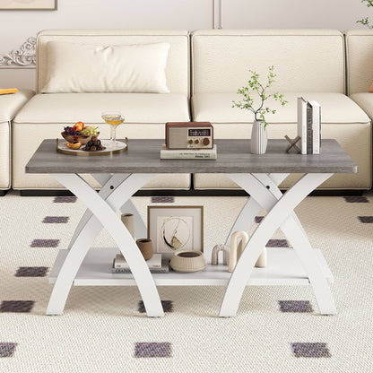 40 Inch Farmhouse Wooden Coffee Table with Storage Shelf with X-shaped Legs-Gray