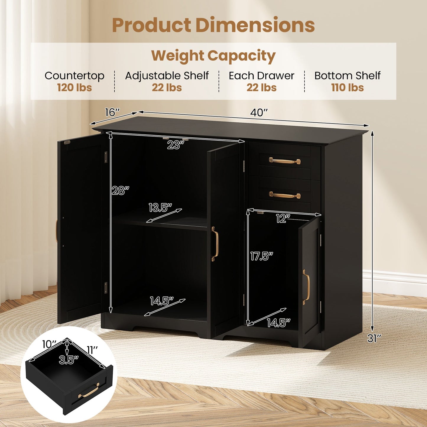 40 Inch Modern Kitchen Sideboard Buffet Cabinet with 2 Drawers and Adjustable Shelf