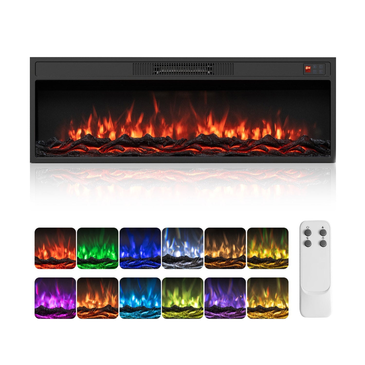 DirectDeals recessed electric fireplace heater with remote, black frame lifelike flames, options on Tampa Home & Garden Store