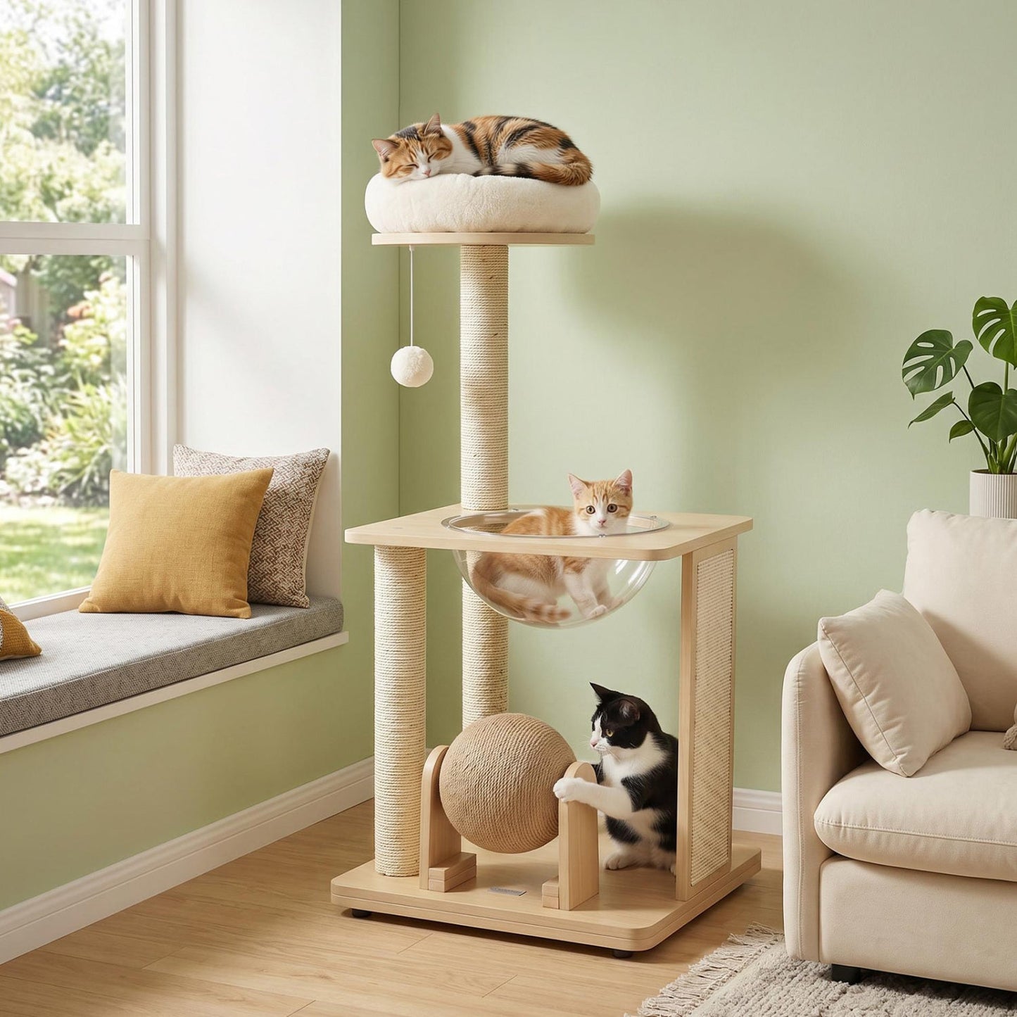 40-inch wood cat tree with space capsule and sisal posts; orange tabby on top, black cat at base on Tampa Home & Garden Store