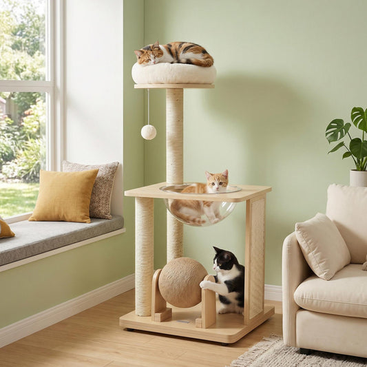 40-inch wood cat tree with space capsule and sisal posts; orange tabby on top, black cat at base on Tampa Home & Garden Store
