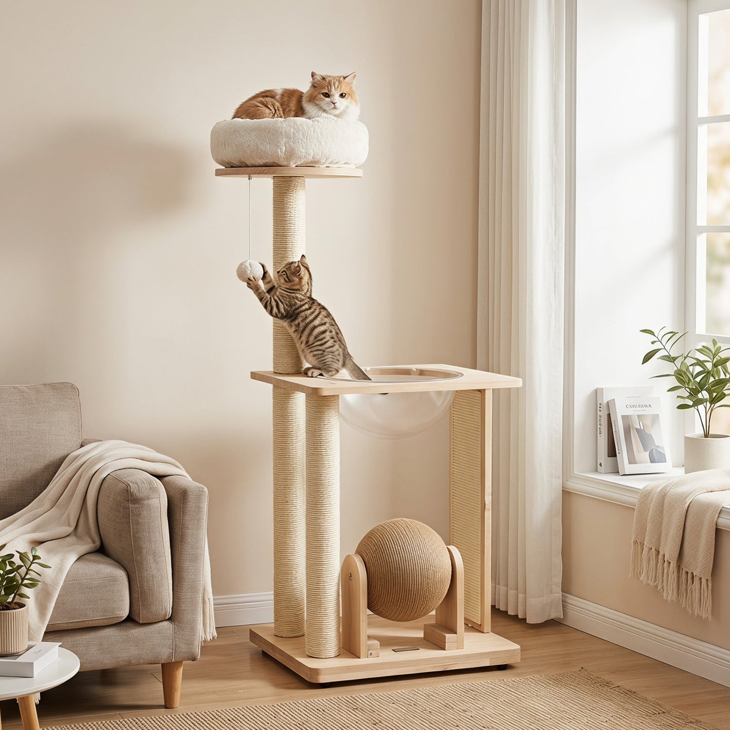 40-inch Solid Wood Cat Tree with Space Capsule & Sisal Posts, two cats DirectDeals on Tampa Home & Garden Store