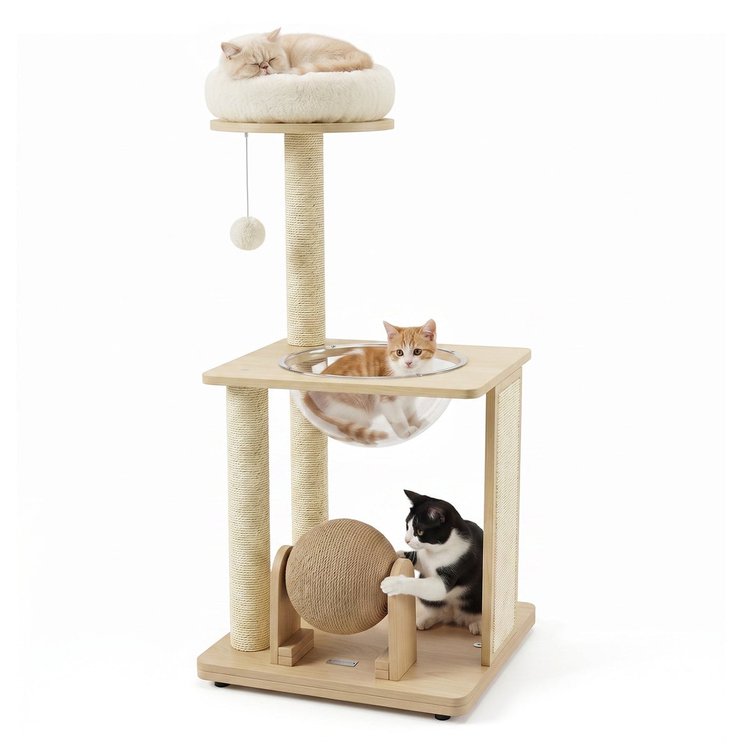 DirectDeals 40in solid wood cat tree with space capsule, sisal posts, beige plush bed, two cats on Tampa Home & Garden Store