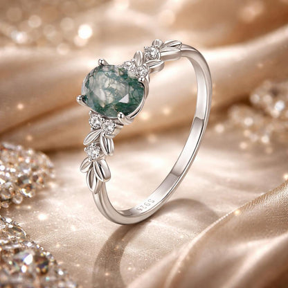 Ring 925 Sterling Silver Agate and CZ with leaf-accented band, size 6, by Bids.com on Tampa Home & Garden Store