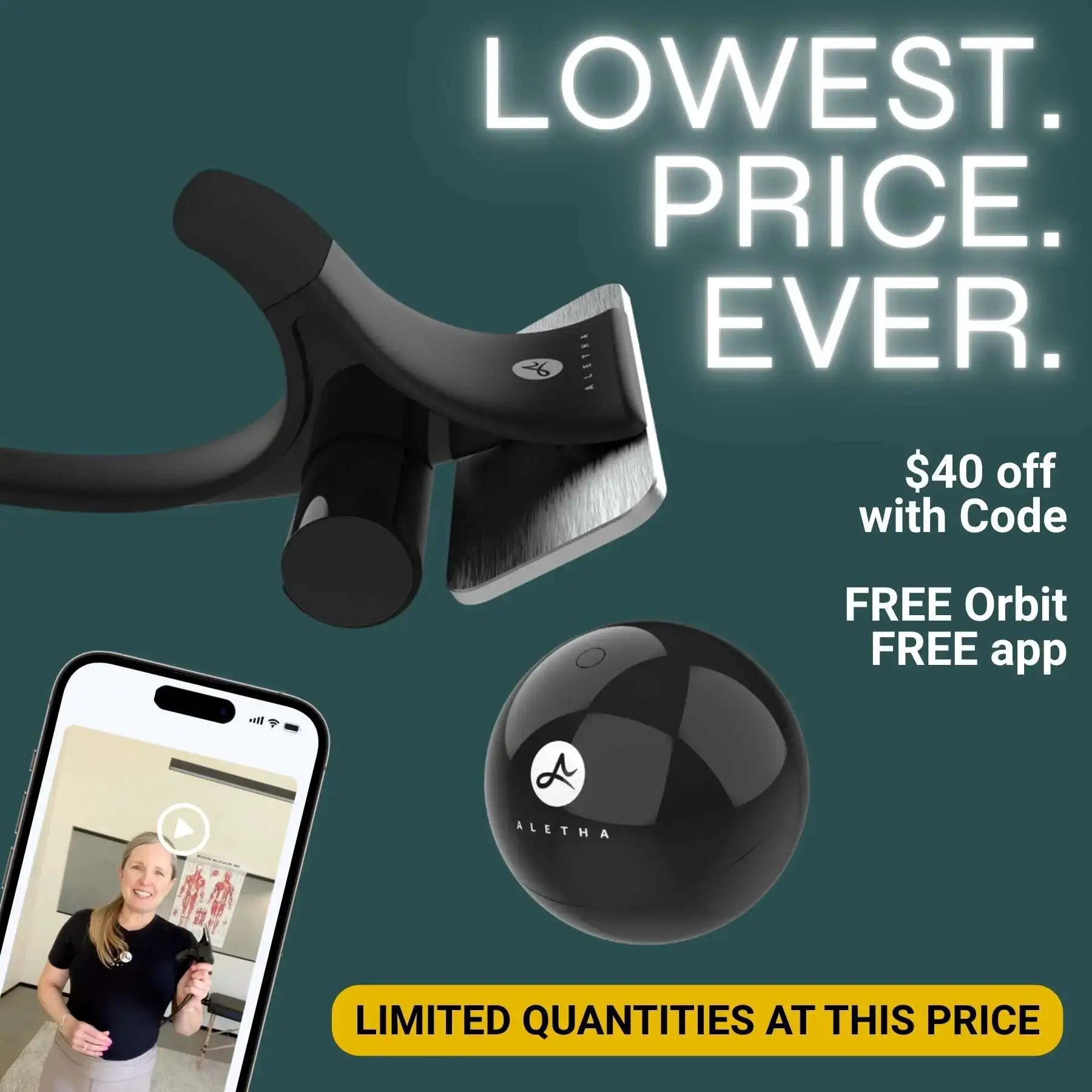Hip Hook System muscle release tool by Aletha Health with Orbit app; black device with brush head on Tampa Home & Garden Store