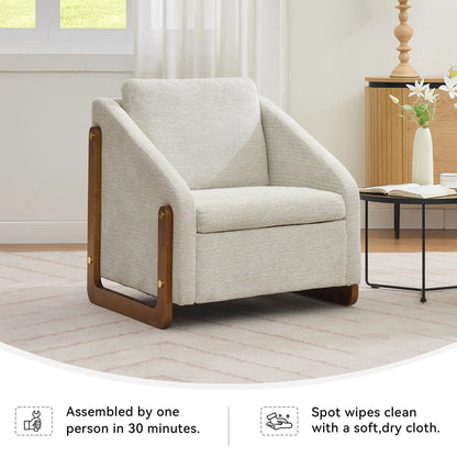 Modern upholstered armchair with wooden side frame in beige fabric on Tampa Home & Garden Store