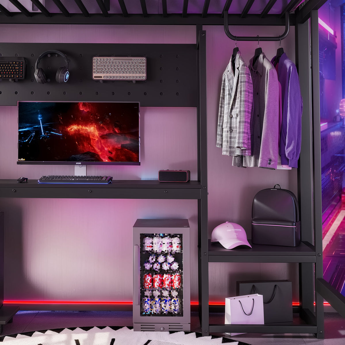 Full loft bed with L-shaped desk in black metal frame with USB ports, monitor and keyboard on Tampa Home & Garden Store